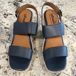SoftWalk Blue and Tan Hartley Wedge Sandals with Contoured Footbed